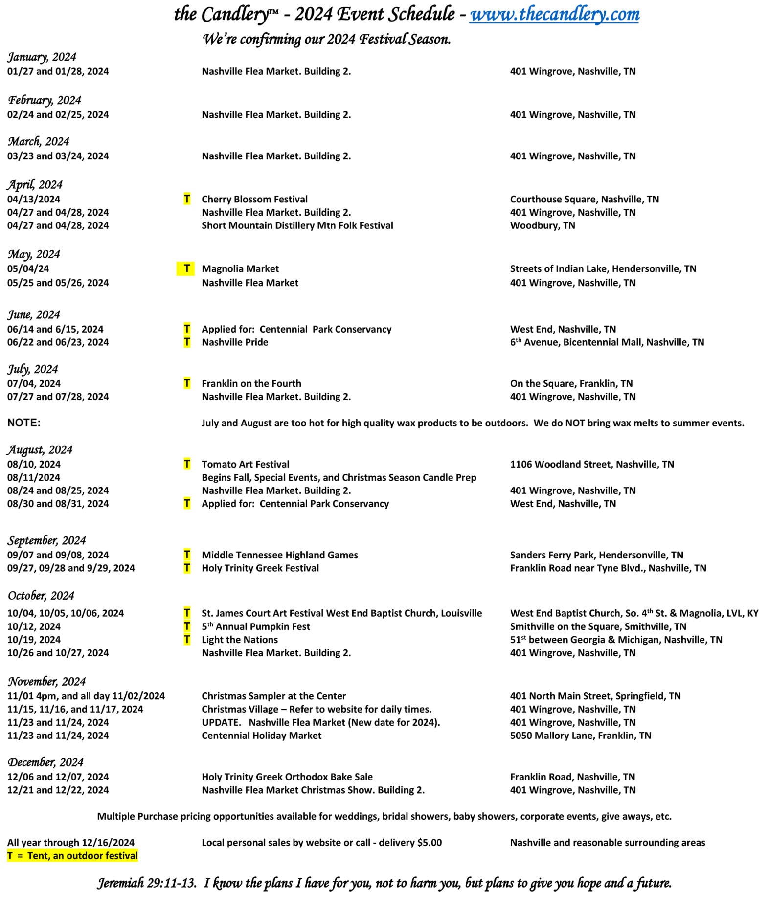 the Candlery 2024 Events Calendar